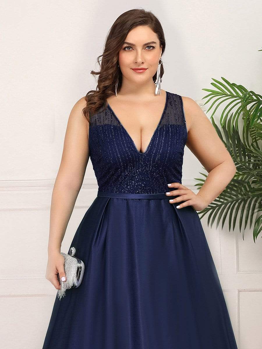 Color=Navy Blue | Elegant Deep V Neck Floor Length Evening Dress-Navy Blue 10 Color=Navy Blue | Elegant Deep V Neck Floor Length Evening Dress-Navy Blue 10