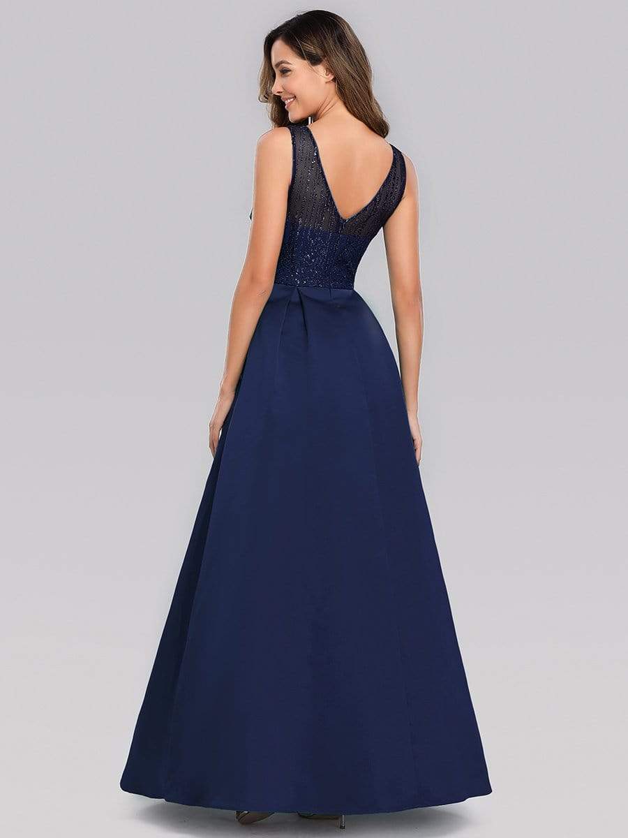 Color=Navy Blue | Elegant Deep V Neck Floor Length Evening Dress-Navy Blue 2 Color=Navy Blue | Elegant Deep V Neck Floor Length Evening Dress-Navy Blue 2