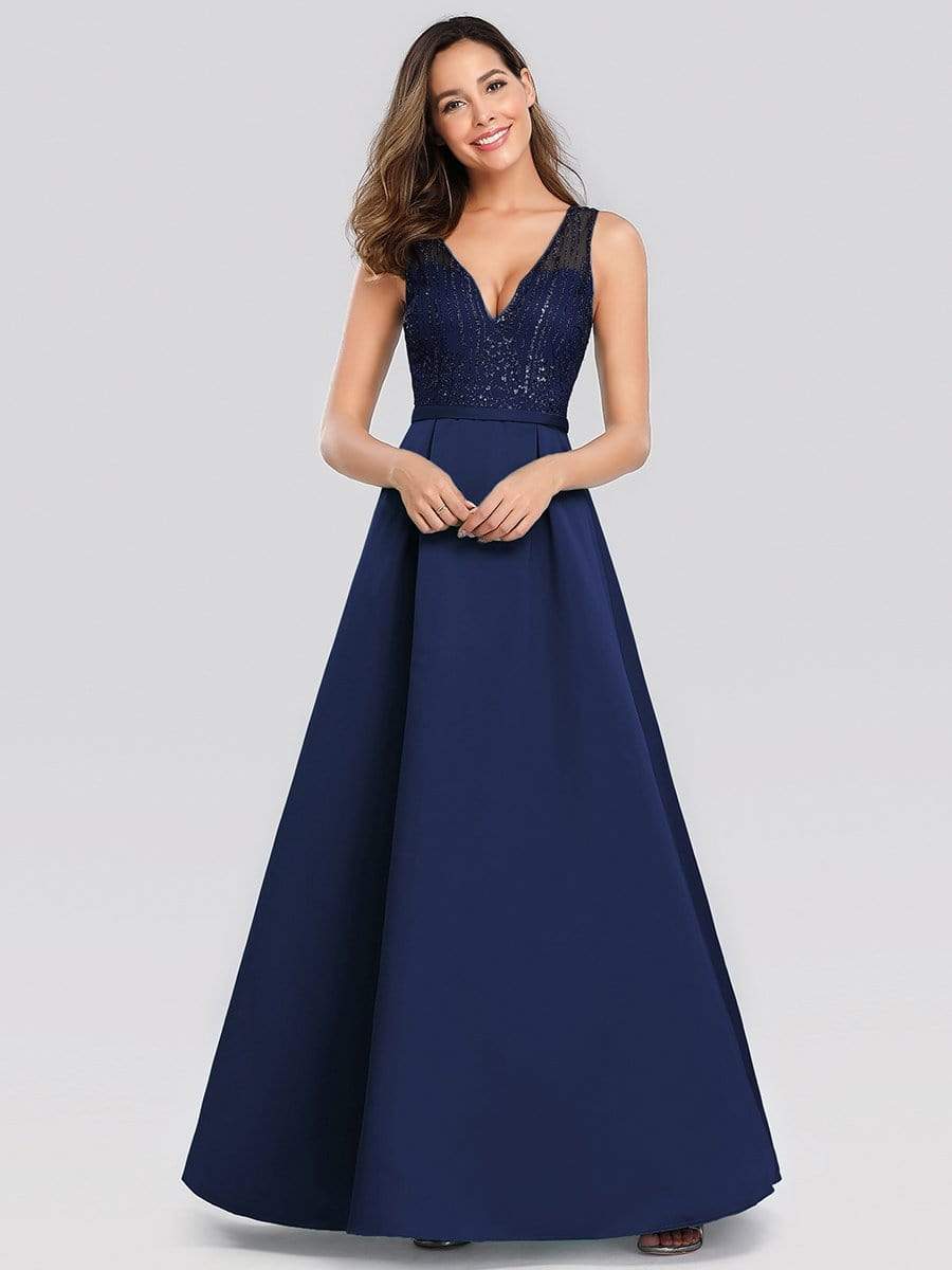 Color=Navy Blue | Elegant Deep V Neck Floor Length Evening Dress-Navy Blue 4 Color=Navy Blue | Elegant Deep V Neck Floor Length Evening Dress-Navy Blue 4
