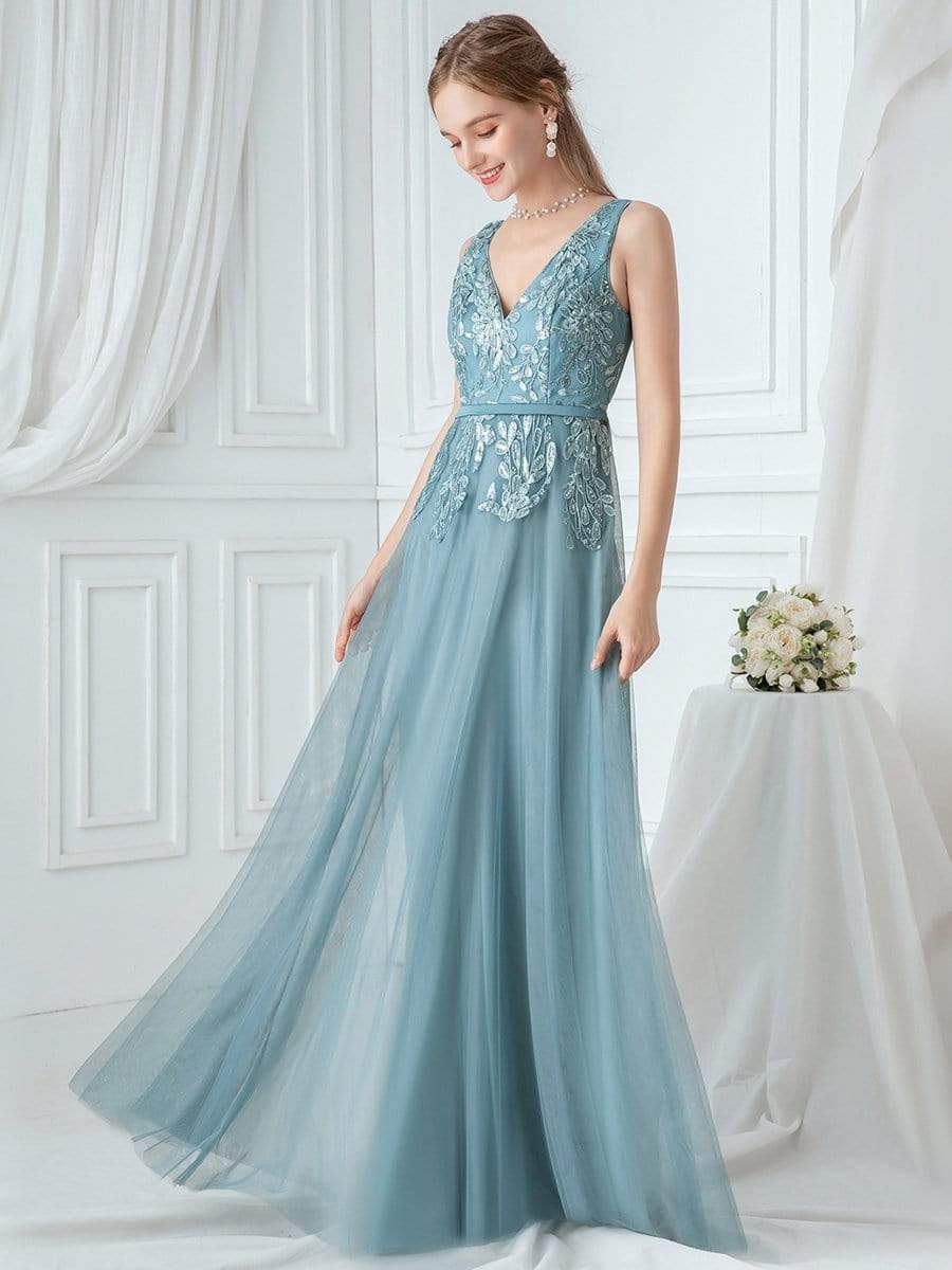 Color=Dusty Blue | Double V-Neck Embroidered Wedding Dress-Dusty Blue 3 Color=Dusty Blue | Double V-Neck Embroidered Wedding Dress-Dusty Blue 3