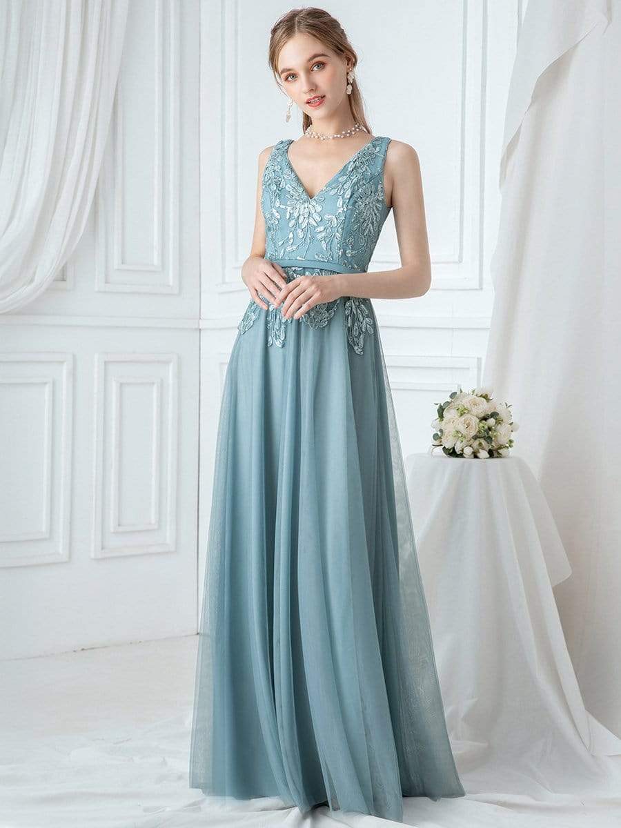 Color=Dusty Blue | Double V-Neck Embroidered Wedding Dress-Dusty Blue 4 Color=Dusty Blue | Double V-Neck Embroidered Wedding Dress-Dusty Blue 4