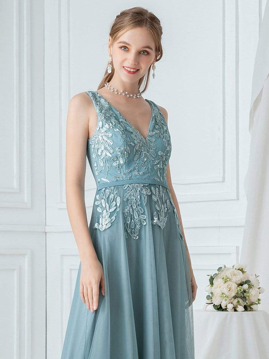 Color=Dusty Blue | Double V-Neck Embroidered Wedding Dress-Dusty Blue 5 Color=Dusty Blue | Double V-Neck Embroidered Wedding Dress-Dusty Blue 5