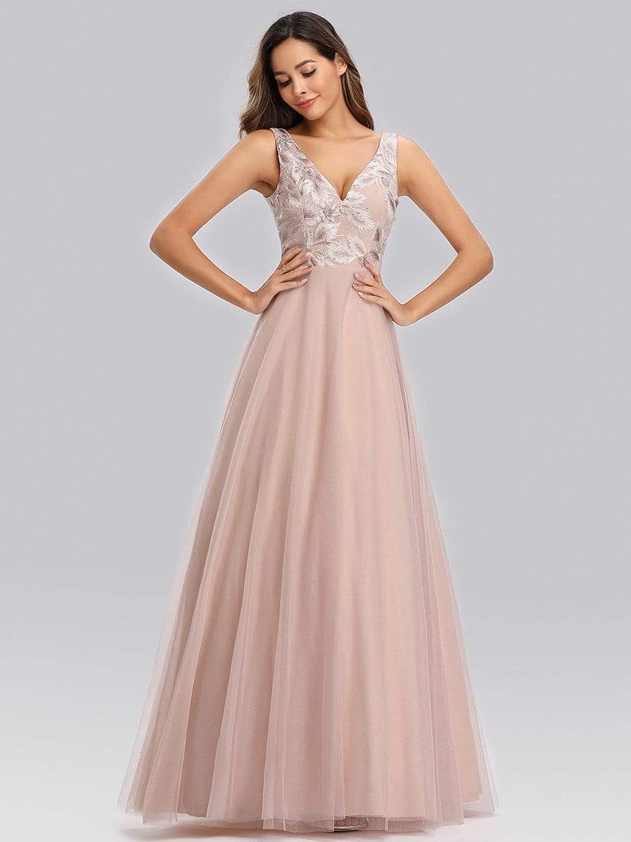 Color=Blush | Elegant V-Neck Floor Length Embroidery Evening Dress-Blush 3 Color=Blush | Elegant V-Neck Floor Length Embroidery Evening Dress-Blush 3