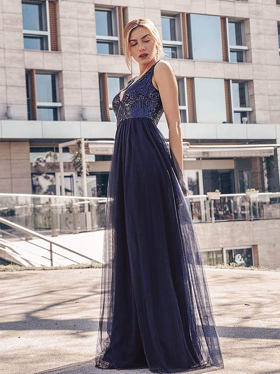 Color=Navy Blue | Women'S V-Neck Sequins Dress Patchwork Evening Party Dress-Navy Blue 2 Color=Navy Blue | Women'S V-Neck Sequins Dress Patchwork Evening Party Dress-Navy Blue 2