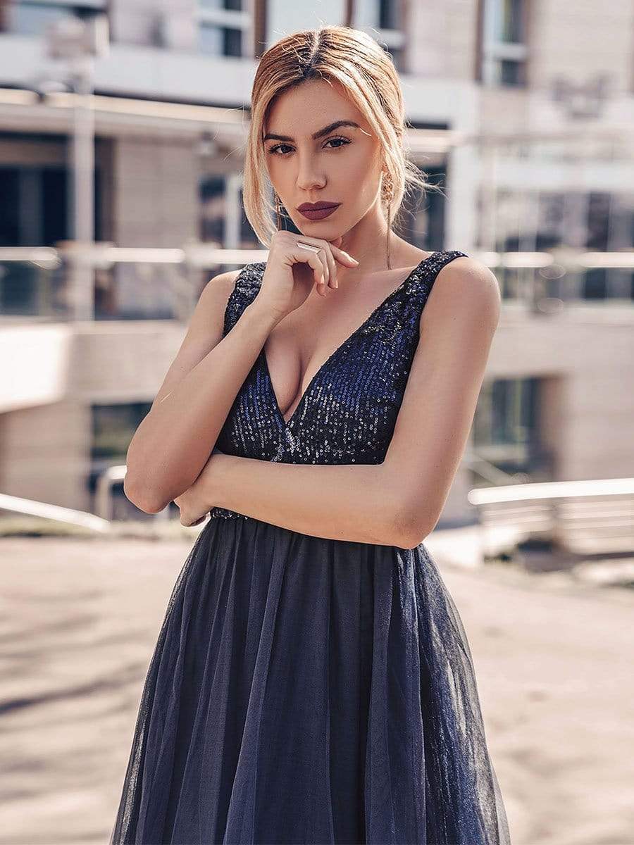 Color=Navy Blue | Women'S V-Neck Sequins Dress Patchwork Evening Party Dress-Navy Blue 1 Color=Navy Blue | Women'S V-Neck Sequins Dress Patchwork Evening Party Dress-Navy Blue 1