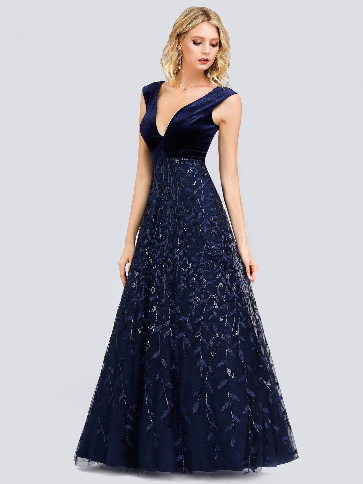 Color=Navy Blue | Gorgeous Double V Neck Embroidery Prom Dress-Navy Blue 4 Color=Navy Blue | Gorgeous Double V Neck Embroidery Prom Dress-Navy Blue 4