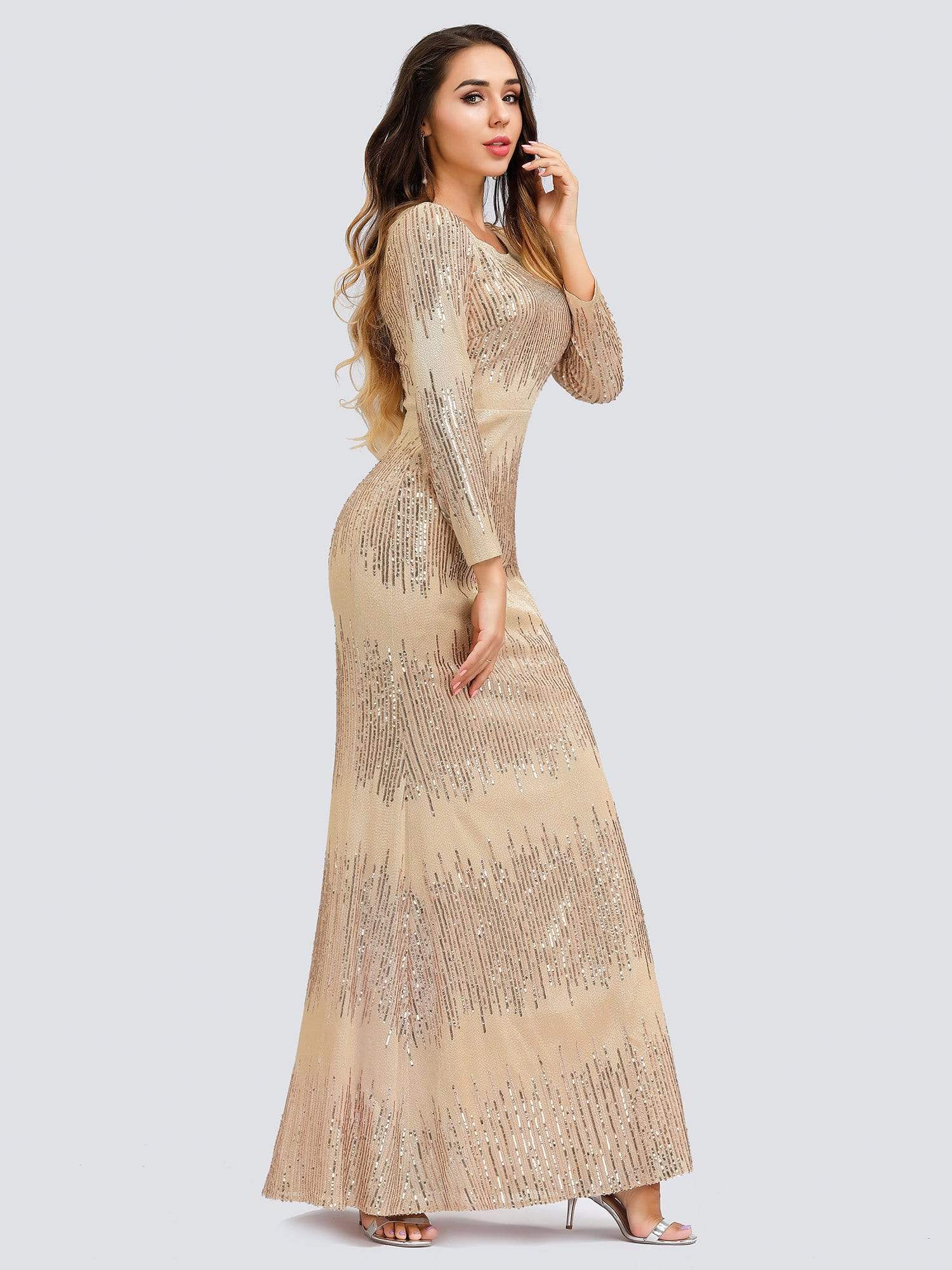 Color=Rose Gold | Classic Round Neckline Sequin Evening Dress With Long Sleeves-Rose Gold 3 Color=Rose Gold | Classic Round Neckline Sequin Evening Dress With Long Sleeves-Rose Gold 3