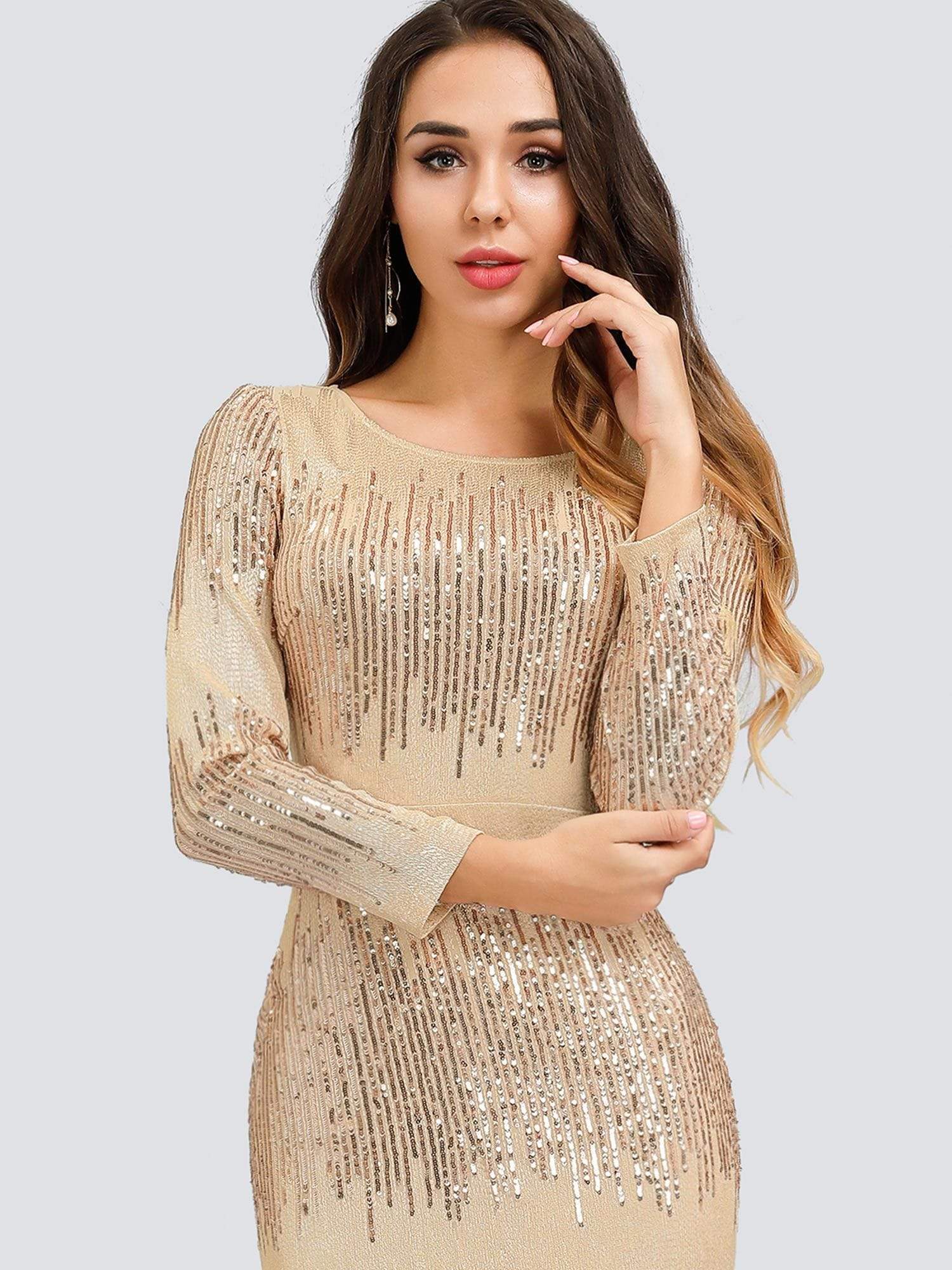 Color=Rose Gold | Classic Round Neckline Sequin Evening Dress With Long Sleeves-Rose Gold 5 Color=Rose Gold | Classic Round Neckline Sequin Evening Dress With Long Sleeves-Rose Gold 5