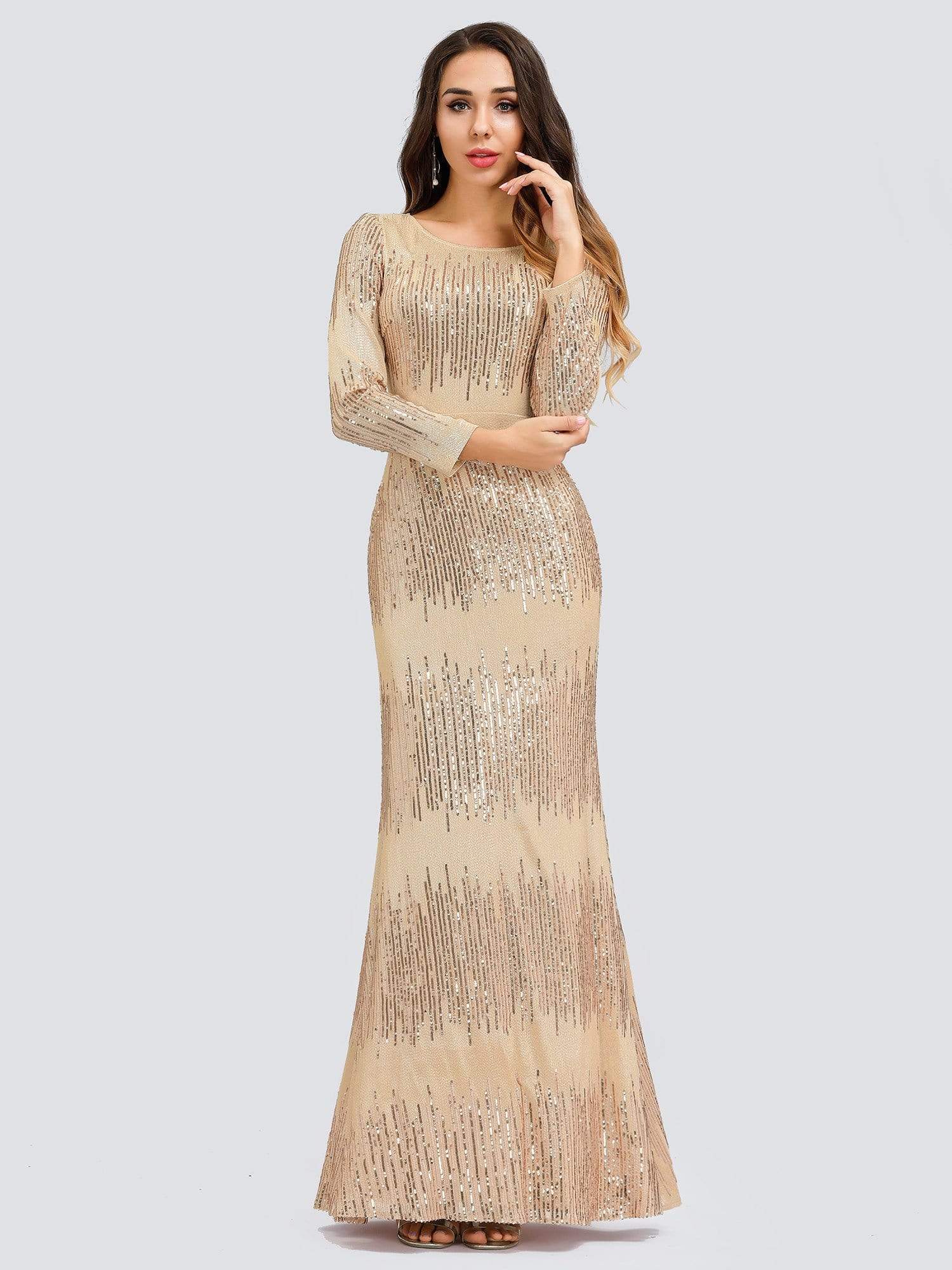 Color=Rose Gold | Classic Round Neckline Sequin Evening Dress With Long Sleeves-Rose Gold 1 Color=Rose Gold | Classic Round Neckline Sequin Evening Dress With Long Sleeves-Rose Gold 1