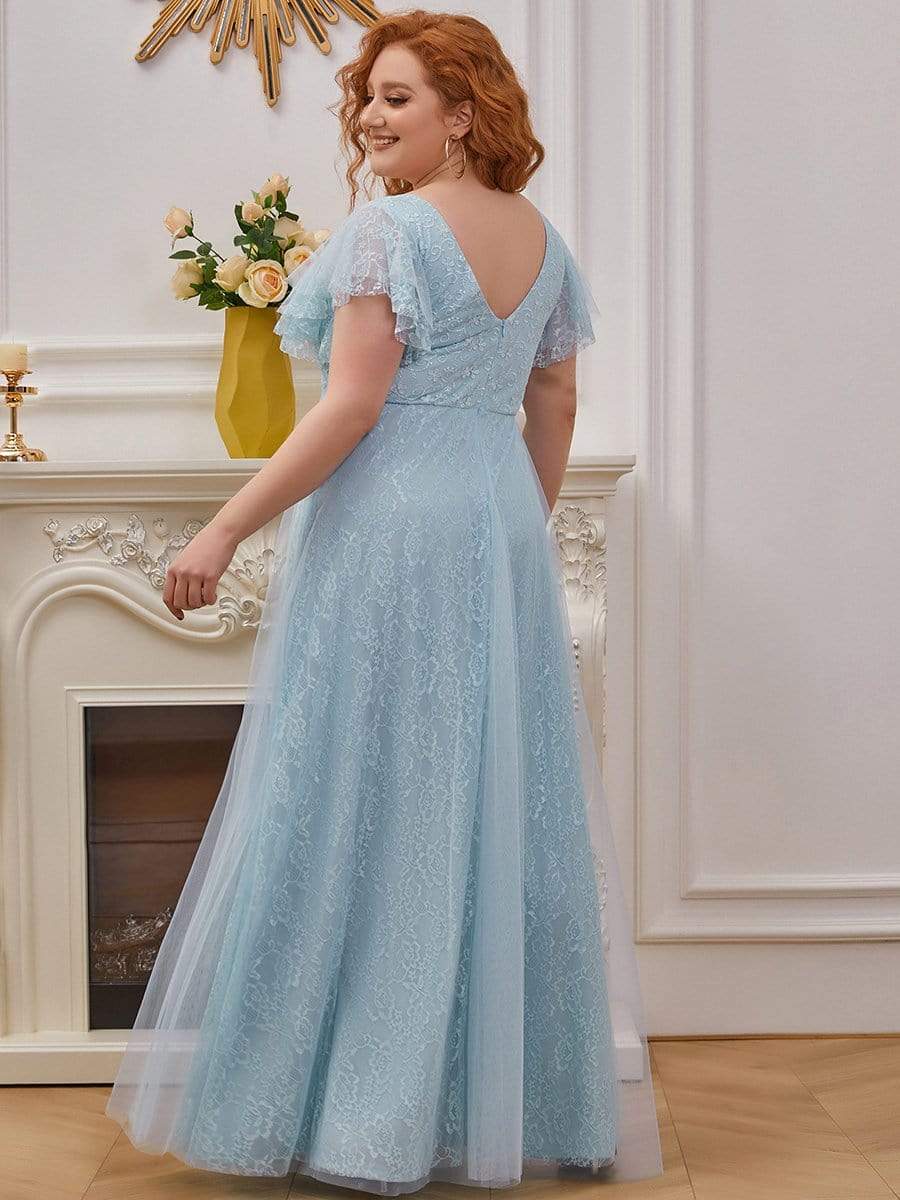 Color=Sky Blue | Plus Size Double V Neck Lace Evening Dresses With Ruffle Sleeves-Sky Blue 2 Color=Sky Blue | Plus Size Double V Neck Lace Evening Dresses With Ruffle Sleeves-Sky Blue 2