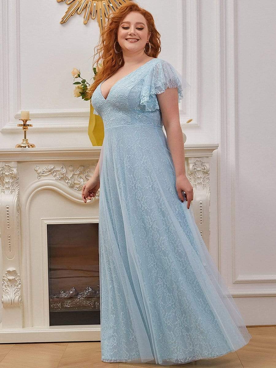 Color=Sky Blue | Plus Size Double V Neck Lace Evening Dresses With Ruffle Sleeves-Sky Blue 3 Color=Sky Blue | Plus Size Double V Neck Lace Evening Dresses With Ruffle Sleeves-Sky Blue 3