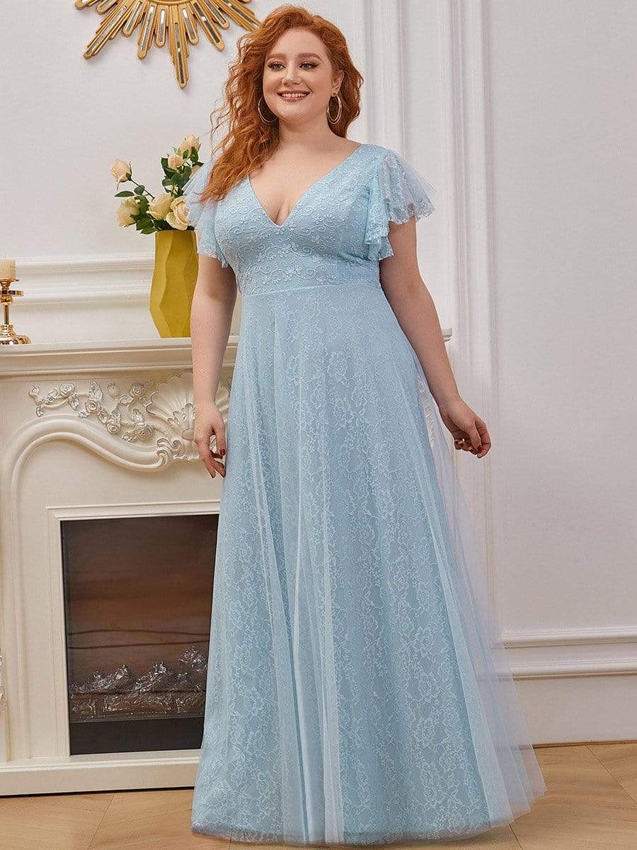 Color=Sky Blue | Plus Size Double V Neck Lace Evening Dresses With Ruffle Sleeves-Sky Blue 4 Color=Sky Blue | Plus Size Double V Neck Lace Evening Dresses With Ruffle Sleeves-Sky Blue 4