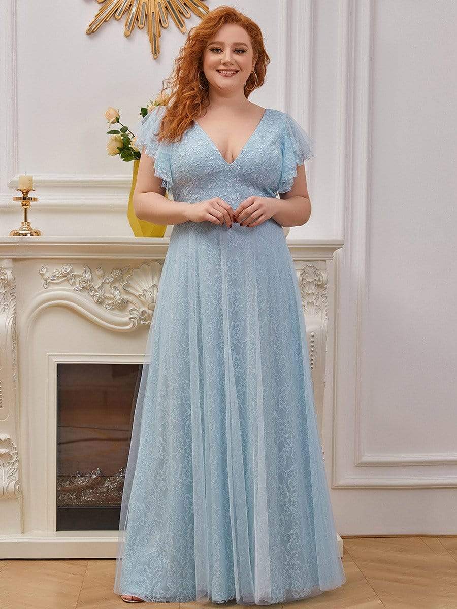 Color=Sky Blue | Plus Size Double V Neck Lace Evening Dresses With Ruffle Sleeves-Sky Blue 1 Color=Sky Blue | Plus Size Double V Neck Lace Evening Dresses With Ruffle Sleeves-Sky Blue 1