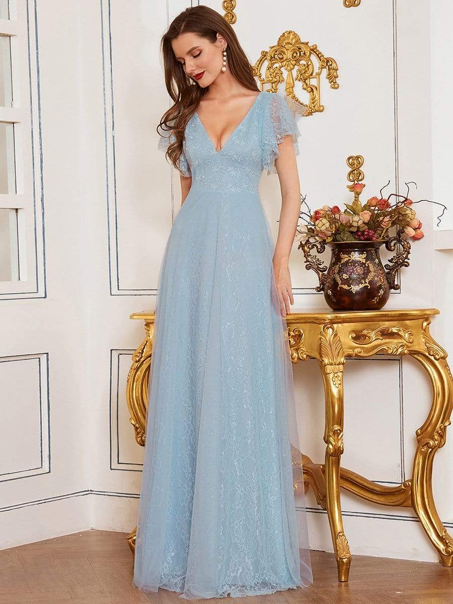 Color=Sky Blue | Double V Neck Lace Evening Dresses With Ruffle Sleeves-Sky Blue 4