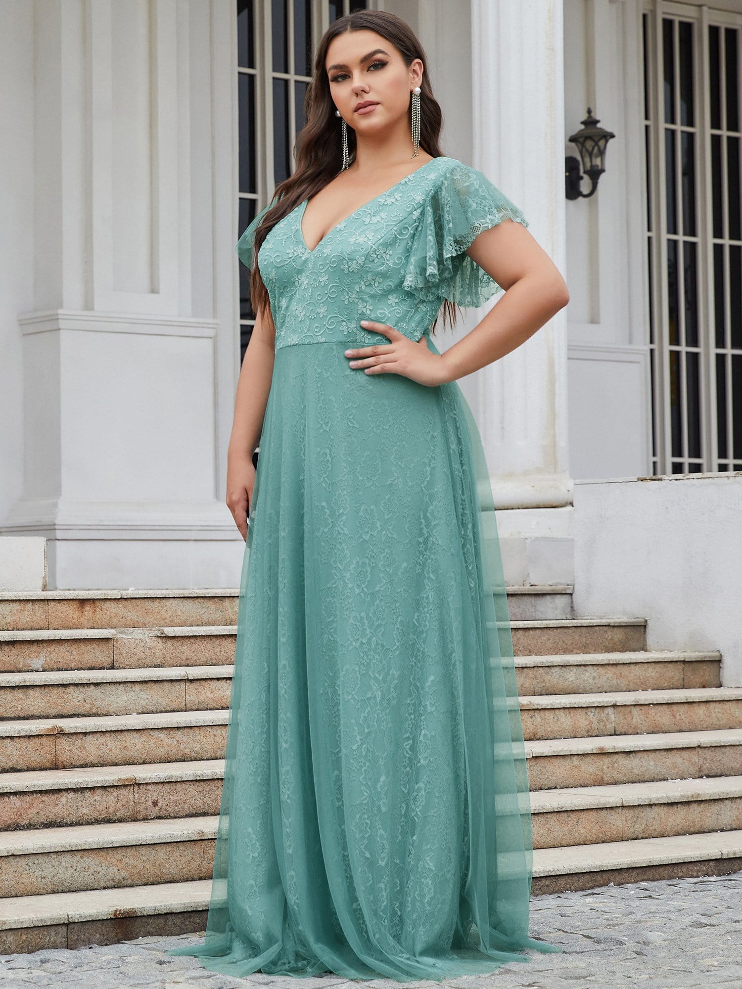 Color=Dusty Blue | Plus Size Double V Neck Lace Evening Dresses With Ruffle Sleeves-Dusty Blue 1 Color=Dusty Blue | Plus Size Double V Neck Lace Evening Dresses With Ruffle Sleeves-Dusty Blue 1