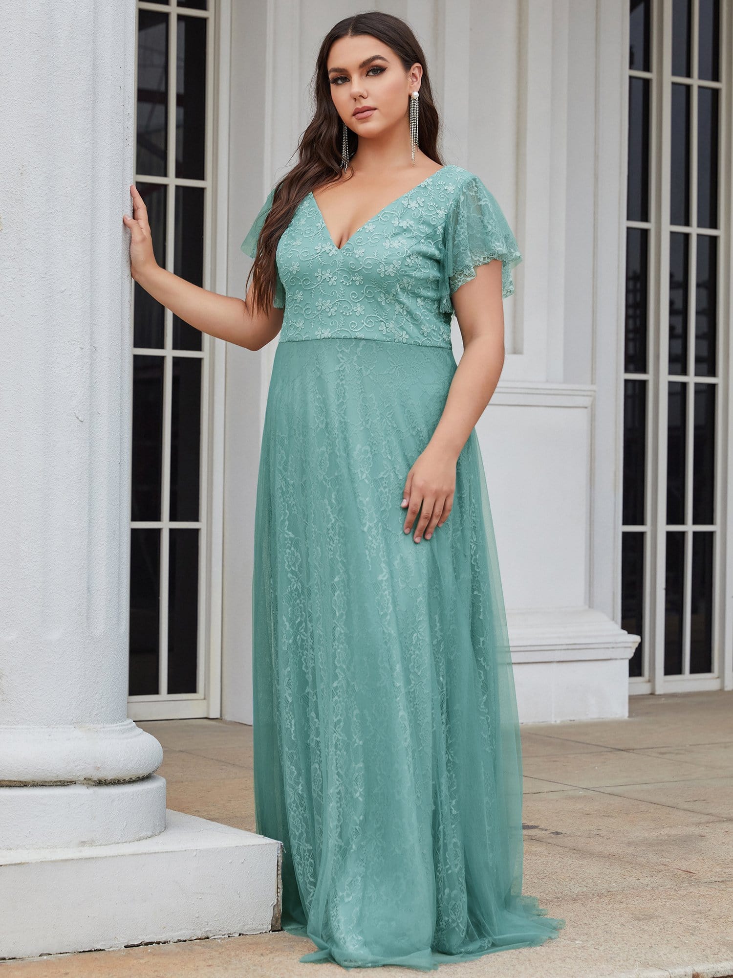 Color=Dusty Blue | Plus Size Double V Neck Lace Evening Dresses With Ruffle Sleeves-Dusty Blue 5 Color=Dusty Blue | Plus Size Double V Neck Lace Evening Dresses With Ruffle Sleeves-Dusty Blue 5
