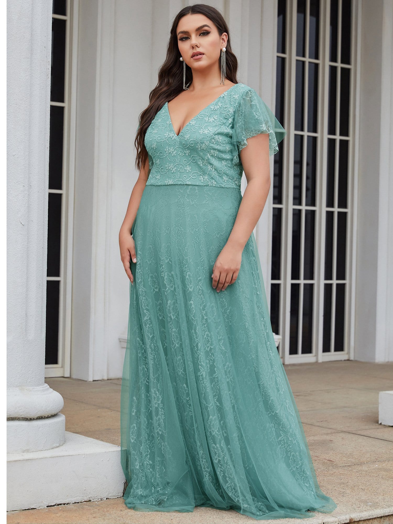 Color=Dusty Blue | Plus Size Double V Neck Lace Evening Dresses With Ruffle Sleeves-Dusty Blue 3 Color=Dusty Blue | Plus Size Double V Neck Lace Evening Dresses With Ruffle Sleeves-Dusty Blue 3
