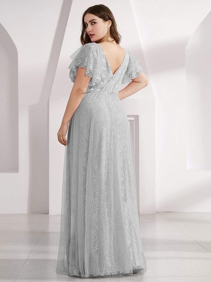 Color=Grey | Plus Size Double V Neck Lace Evening Dresses With Ruffle Sleeves-Grey 2 Color=Grey | Plus Size Double V Neck Lace Evening Dresses With Ruffle Sleeves-Grey 2