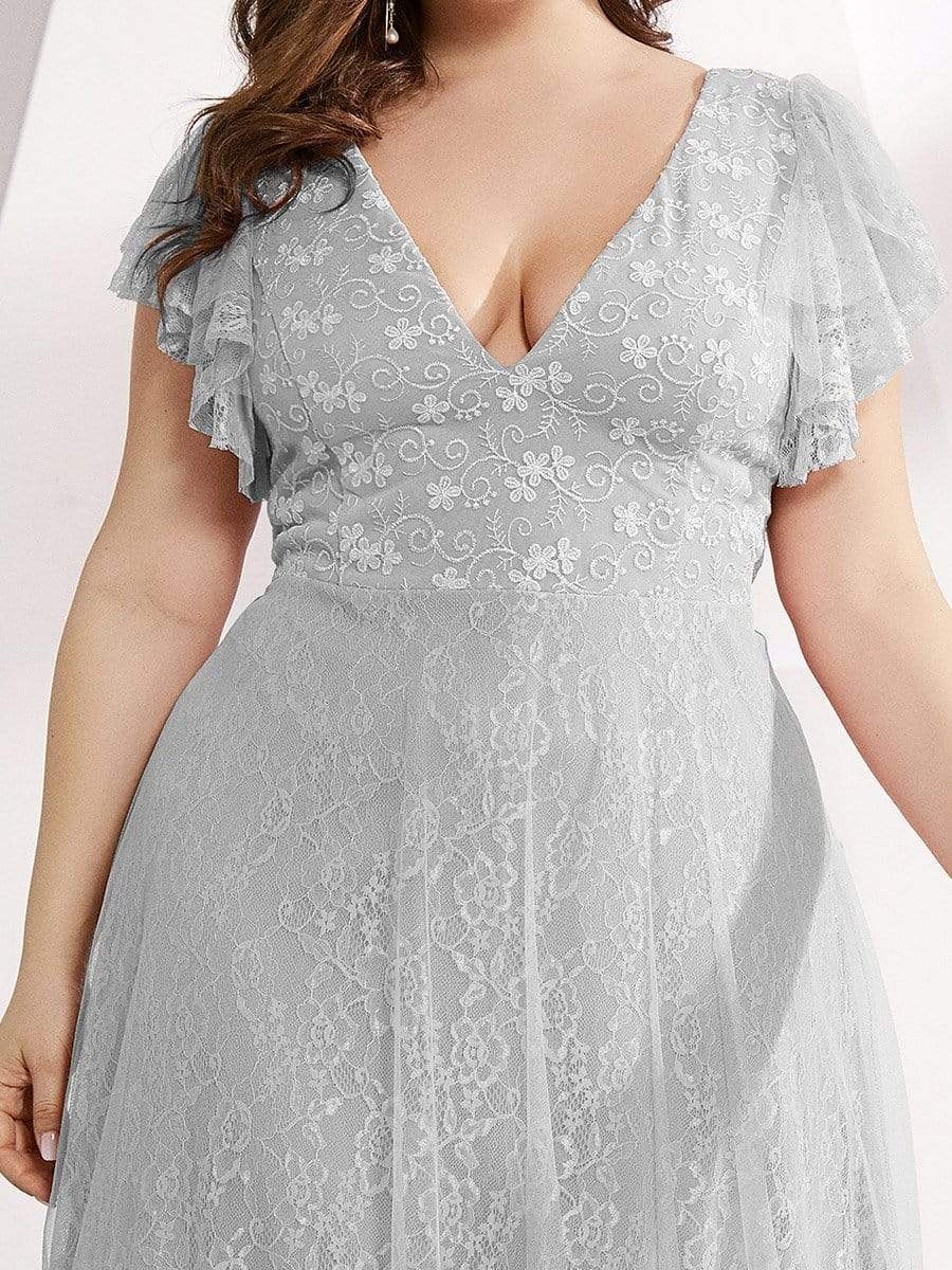 Color=Grey | Plus Size Double V Neck Lace Evening Dresses With Ruffle Sleeves-Grey 3 Color=Grey | Plus Size Double V Neck Lace Evening Dresses With Ruffle Sleeves-Grey 3