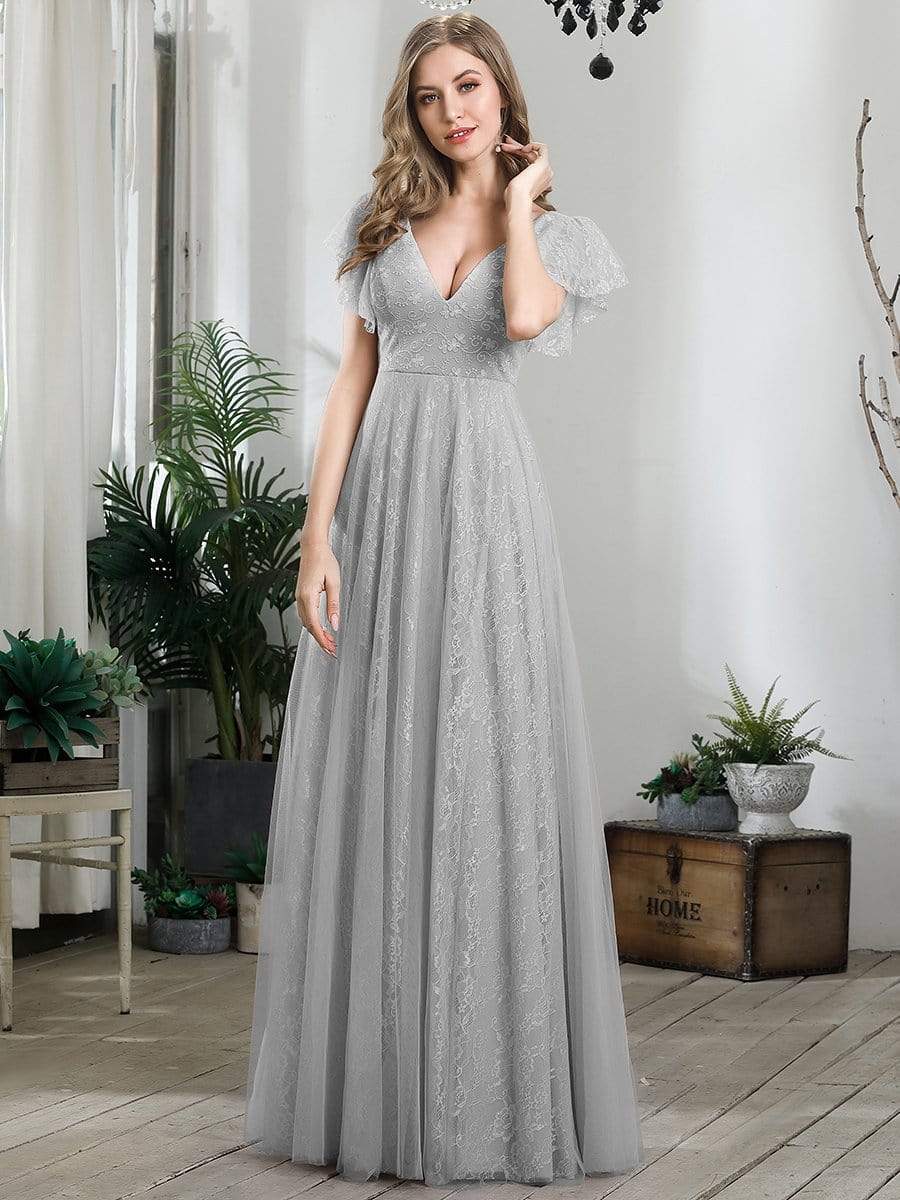Color=Grey | Double V Neck Lace Evening Dresses With Ruffle Sleeves-Grey 1 Color=Grey | Double V Neck Lace Evening Dresses With Ruffle Sleeves-Grey 1