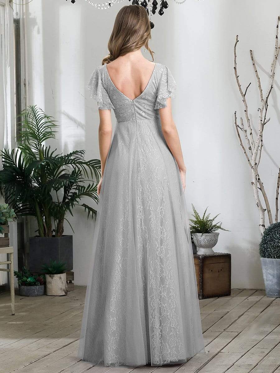 Color=Grey | Double V Neck Lace Evening Dresses With Ruffle Sleeves-Grey 2 Color=Grey | Double V Neck Lace Evening Dresses With Ruffle Sleeves-Grey 2