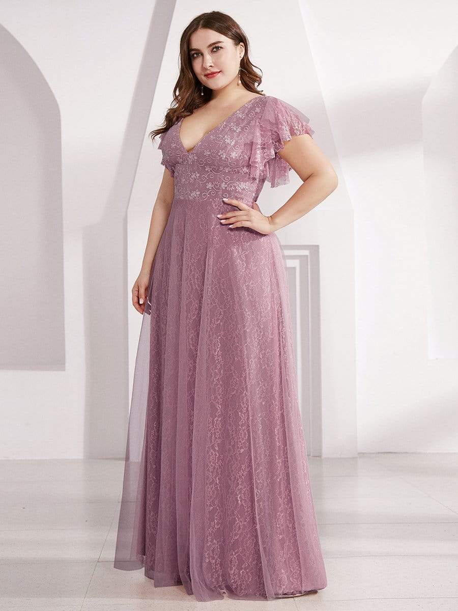 Color=Purple Orchid | Plus Size Double V Neck Lace Evening Dresses With Ruffle Sleeves-Purple Orchid 3 Color=Purple Orchid | Plus Size Double V Neck Lace Evening Dresses With Ruffle Sleeves-Purple Orchid 3