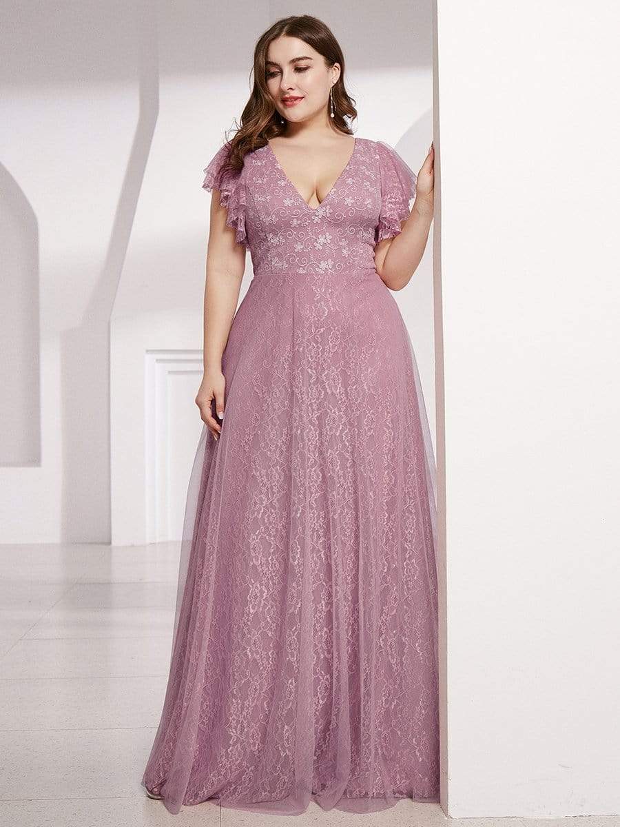 Color=Purple Orchid | Plus Size Double V Neck Lace Evening Dresses With Ruffle Sleeves-Purple Orchid 4 Color=Purple Orchid | Plus Size Double V Neck Lace Evening Dresses With Ruffle Sleeves-Purple Orchid 4