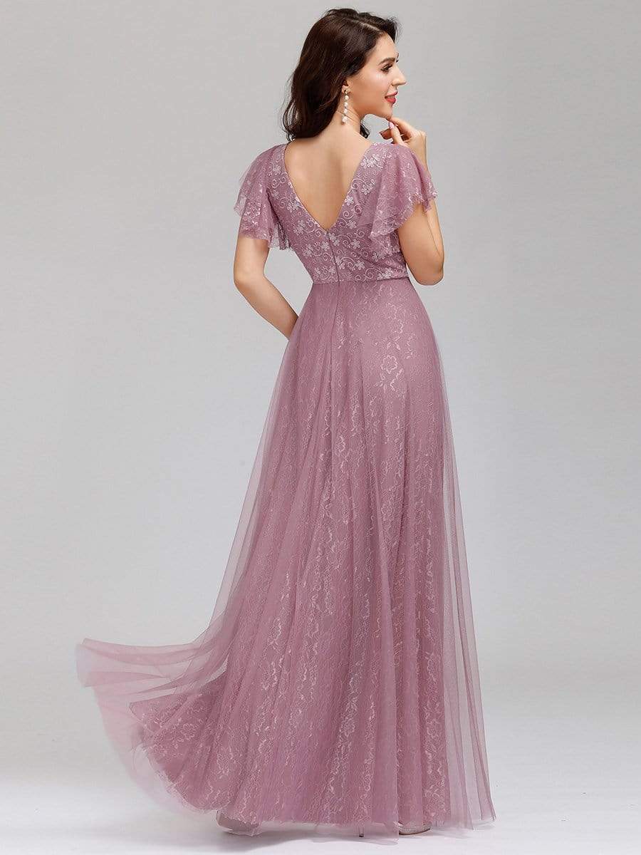 Color=Purple Orchid | Double V Neck Lace Evening Dresses With Ruffle Sleeves-Purple Orchid 7 Color=Purple Orchid | Double V Neck Lace Evening Dresses With Ruffle Sleeves-Purple Orchid 7