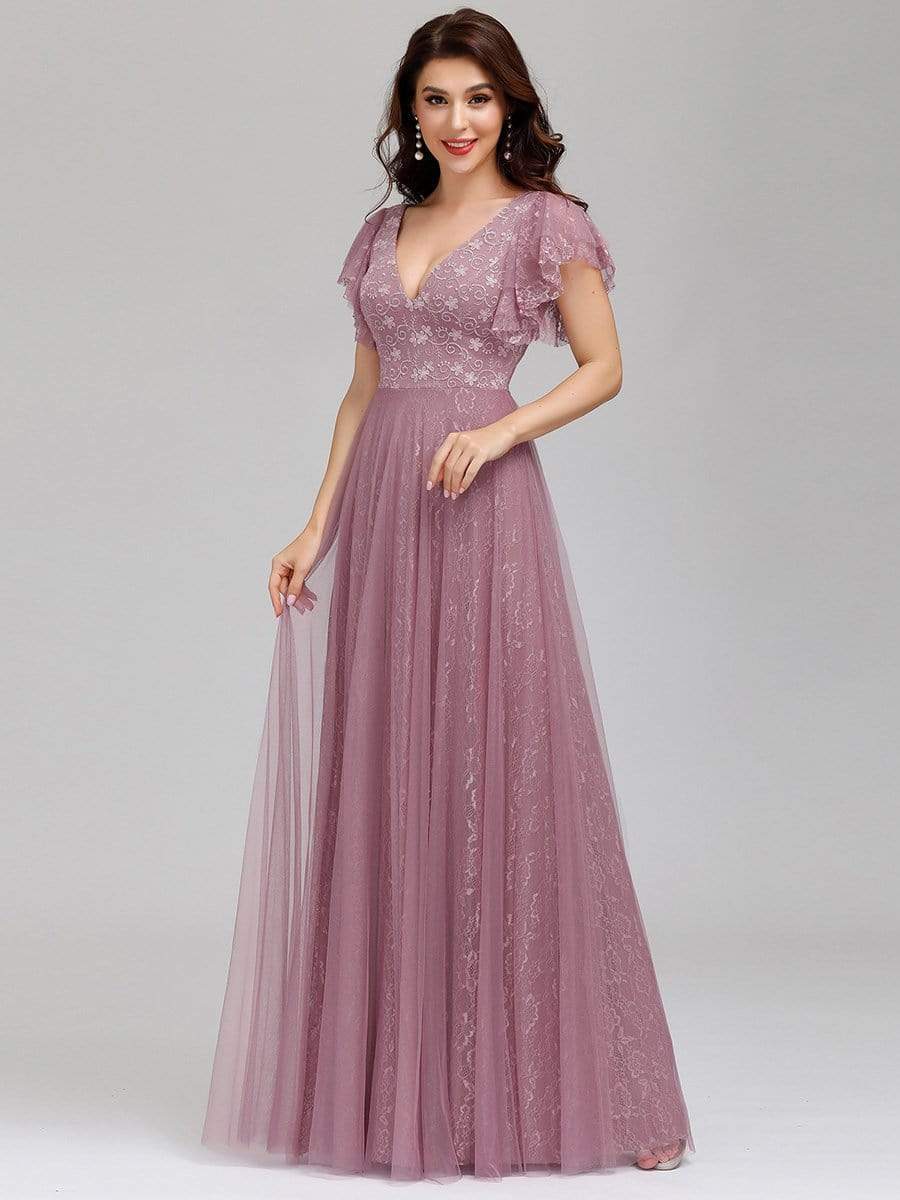 Color=Purple Orchid | Double V Neck Lace Evening Dresses With Ruffle Sleeves-Purple Orchid 8 Color=Purple Orchid | Double V Neck Lace Evening Dresses With Ruffle Sleeves-Purple Orchid 8