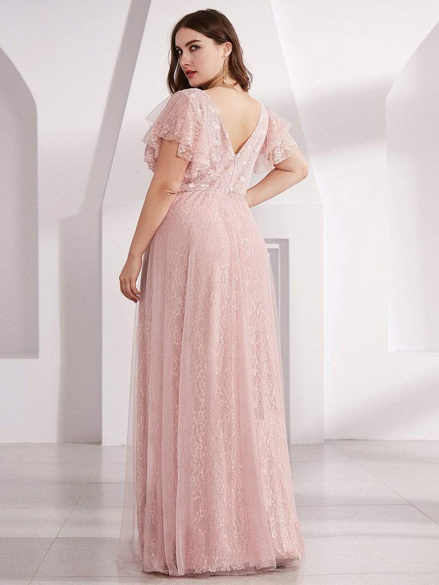 Color=Pink | Plus Size Double V Neck Lace Evening Dresses With Ruffle Sleeves-Pink 2 Color=Pink | Plus Size Double V Neck Lace Evening Dresses With Ruffle Sleeves-Pink 2
