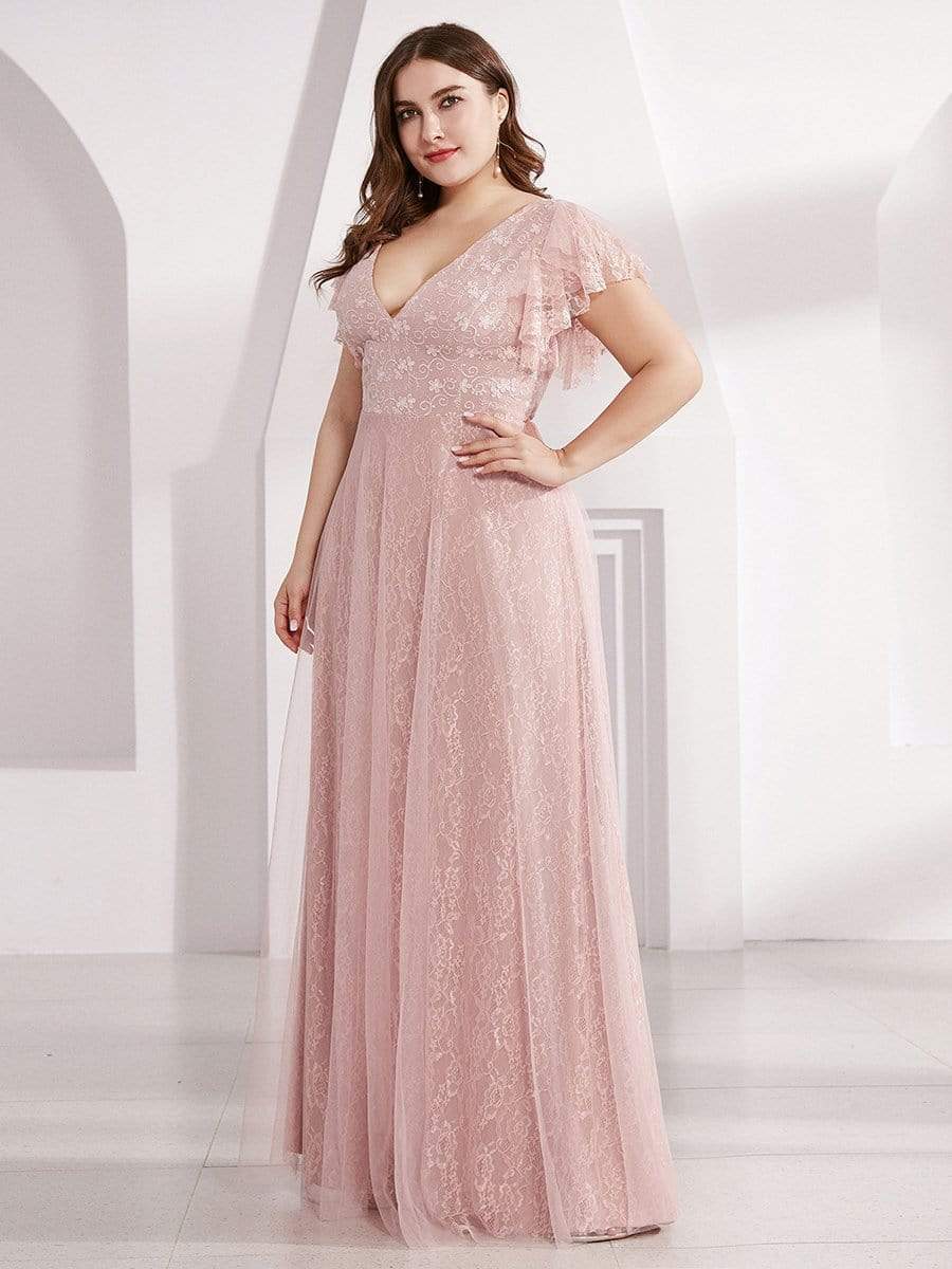 Color=Pink | Plus Size Double V Neck Lace Evening Dresses With Ruffle Sleeves-Pink 3 Color=Pink | Plus Size Double V Neck Lace Evening Dresses With Ruffle Sleeves-Pink 3