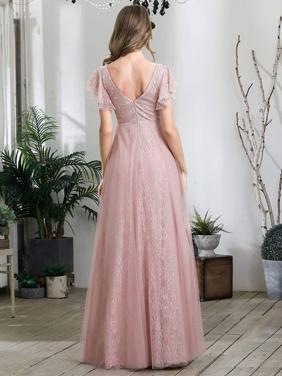 Color=Pink | Double V Neck Lace Evening Dresses With Ruffle Sleeves-Pink 5 Color=Pink | Double V Neck Lace Evening Dresses With Ruffle Sleeves-Pink 5