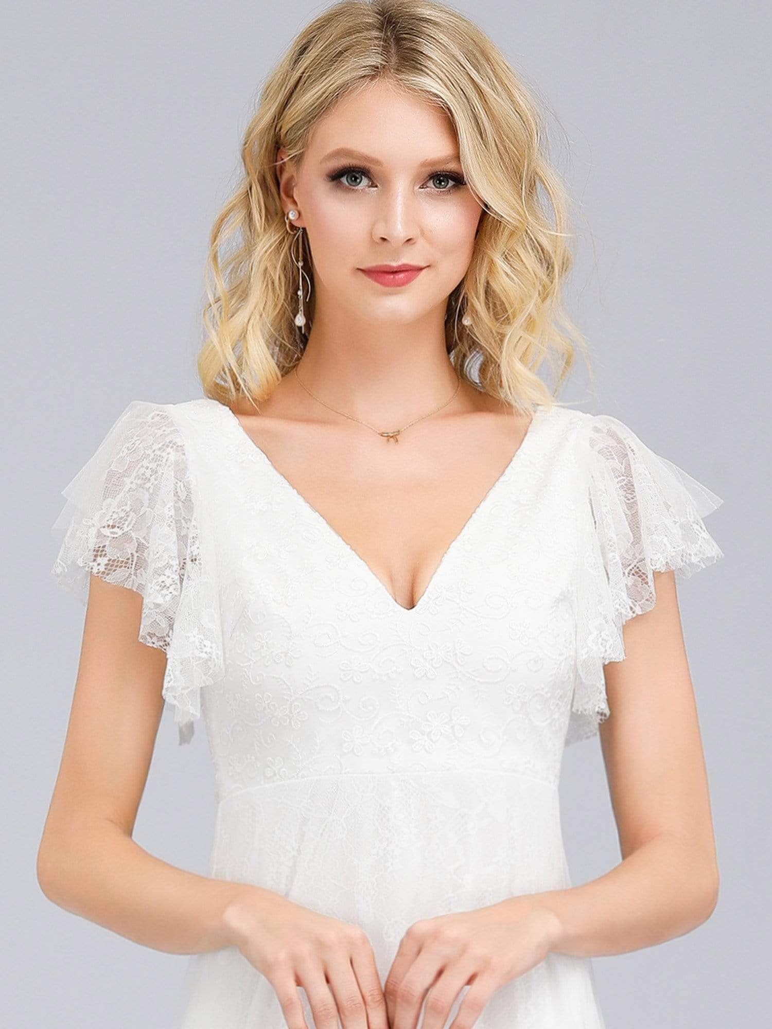 Color=White | Double V Neck Lace Evening Dresses With Ruffle Sleeves-White 15 Color=White | Double V Neck Lace Evening Dresses With Ruffle Sleeves-White 15