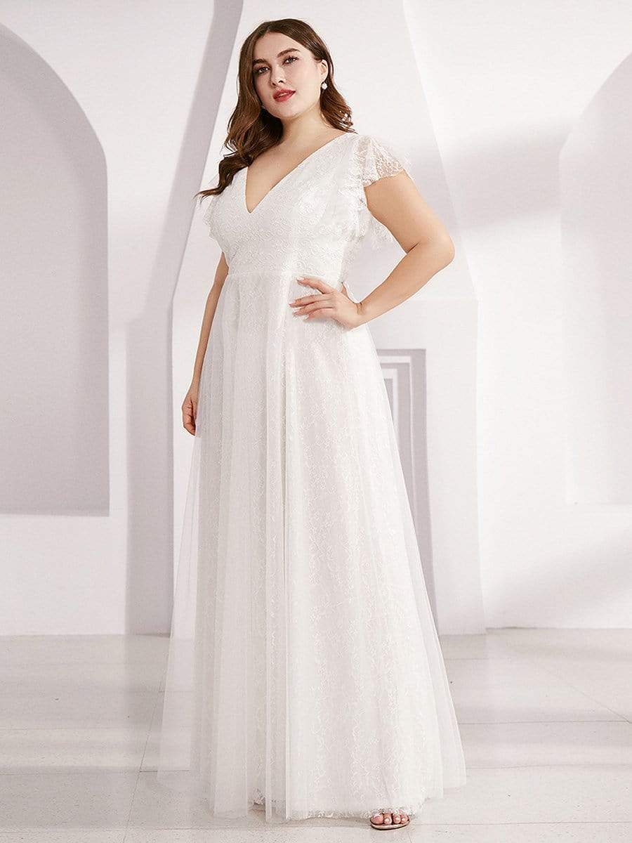Color=White | Plus Size Double V Neck Lace Evening Dresses With Ruffle Sleeves-White 3 Color=White | Plus Size Double V Neck Lace Evening Dresses With Ruffle Sleeves-White 3