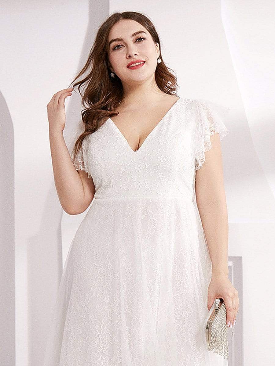 Color=White | Plus Size Double V Neck Lace Evening Dresses With Ruffle Sleeves-White 5 Color=White | Plus Size Double V Neck Lace Evening Dresses With Ruffle Sleeves-White 5