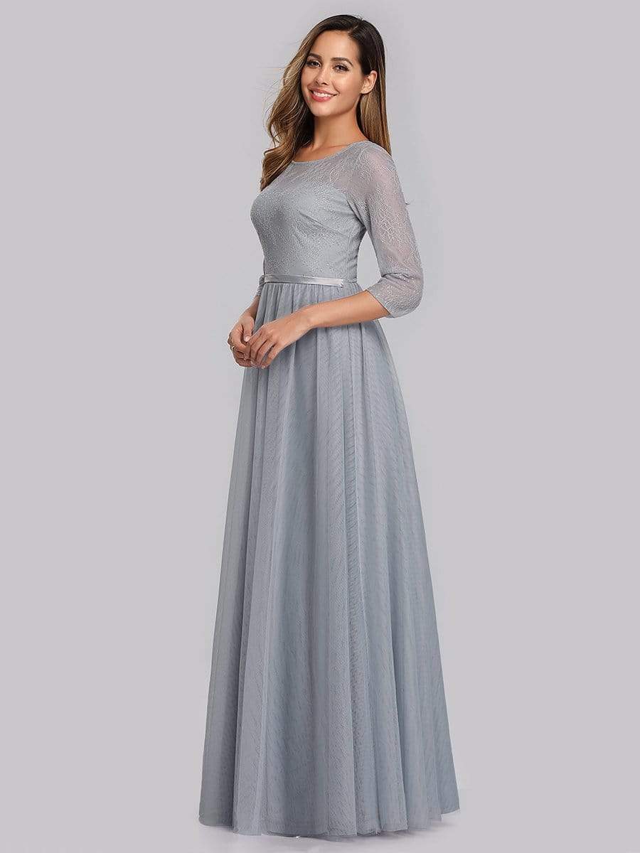 Color=Grey | Women'S A-Line 3/4 Sleeve Floral Lace Floor Length Party Dresses-Grey 3 Color=Grey | Women'S A-Line 3/4 Sleeve Floral Lace Floor Length Party Dresses-Grey 3