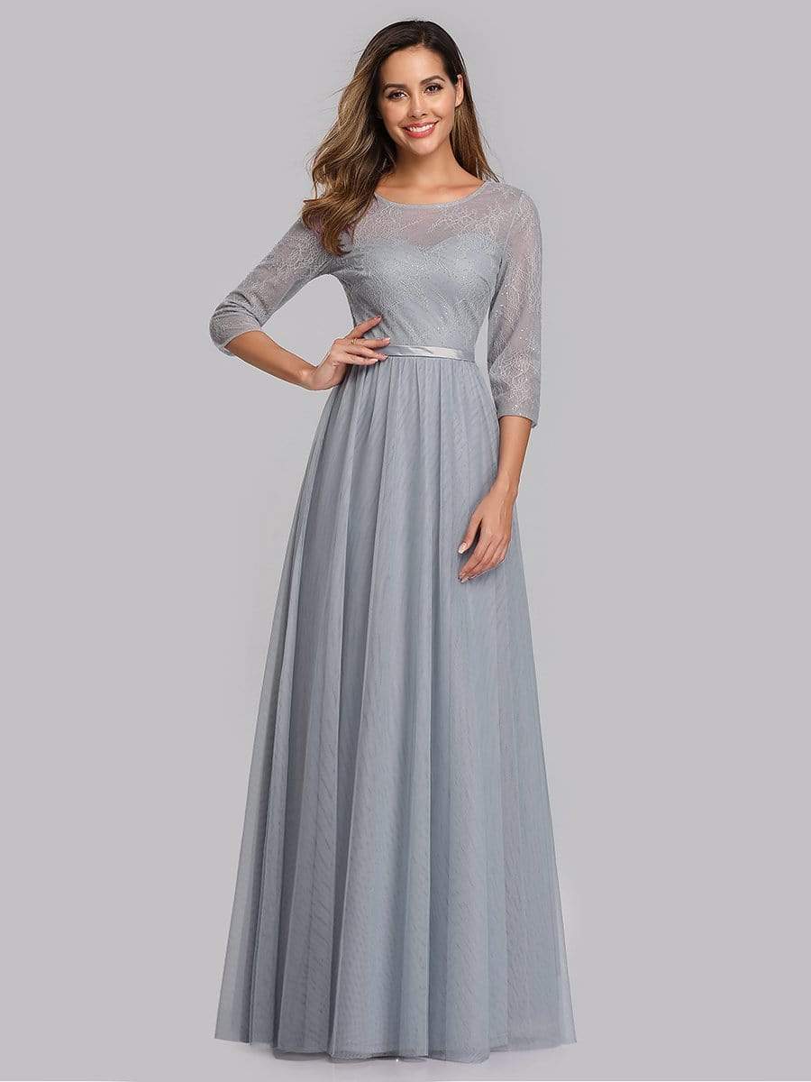 Color=Grey | Women'S A-Line 3/4 Sleeve Floral Lace Floor Length Party Dresses-Grey 1 Color=Grey | Women'S A-Line 3/4 Sleeve Floral Lace Floor Length Party Dresses-Grey 1