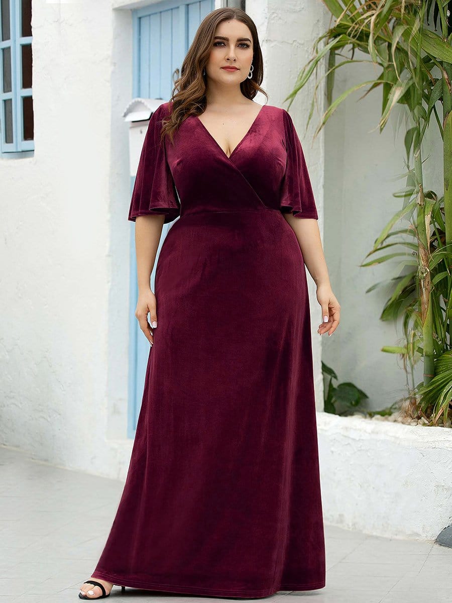 Color=Burgundy | Elegant Double V Neck Velvet Party Dress-Burgundy 6 Color=Burgundy | Elegant Double V Neck Velvet Party Dress-Burgundy 6
