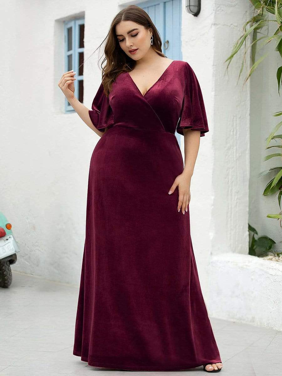 Vintage Plus Size Floor Length Velvet Evening Dress #color_Burgundy Vintage Plus Size Floor Length Velvet Evening Dress #color_Burgundy