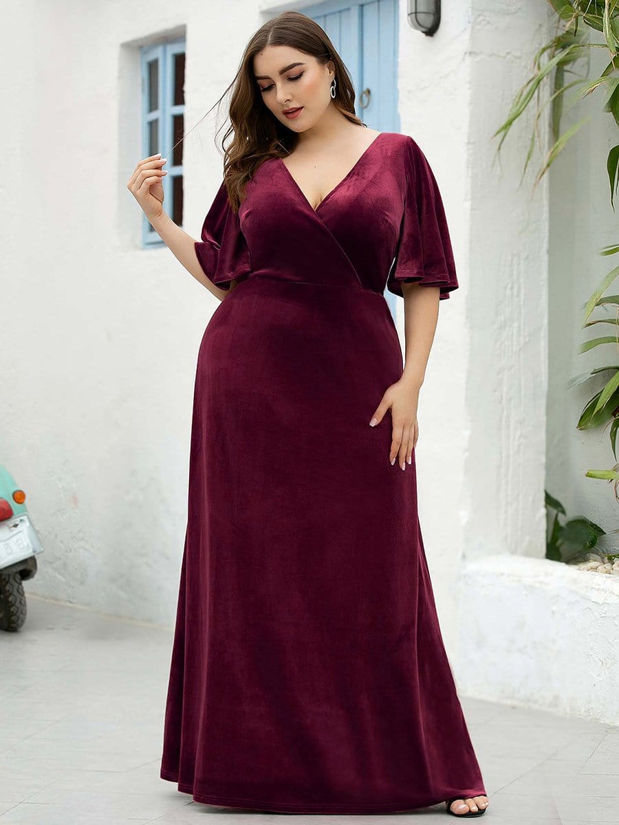 Color=Burgundy | Elegant Double V Neck Velvet Party Dress-Burgundy 7 Color=Burgundy | Elegant Double V Neck Velvet Party Dress-Burgundy 7
