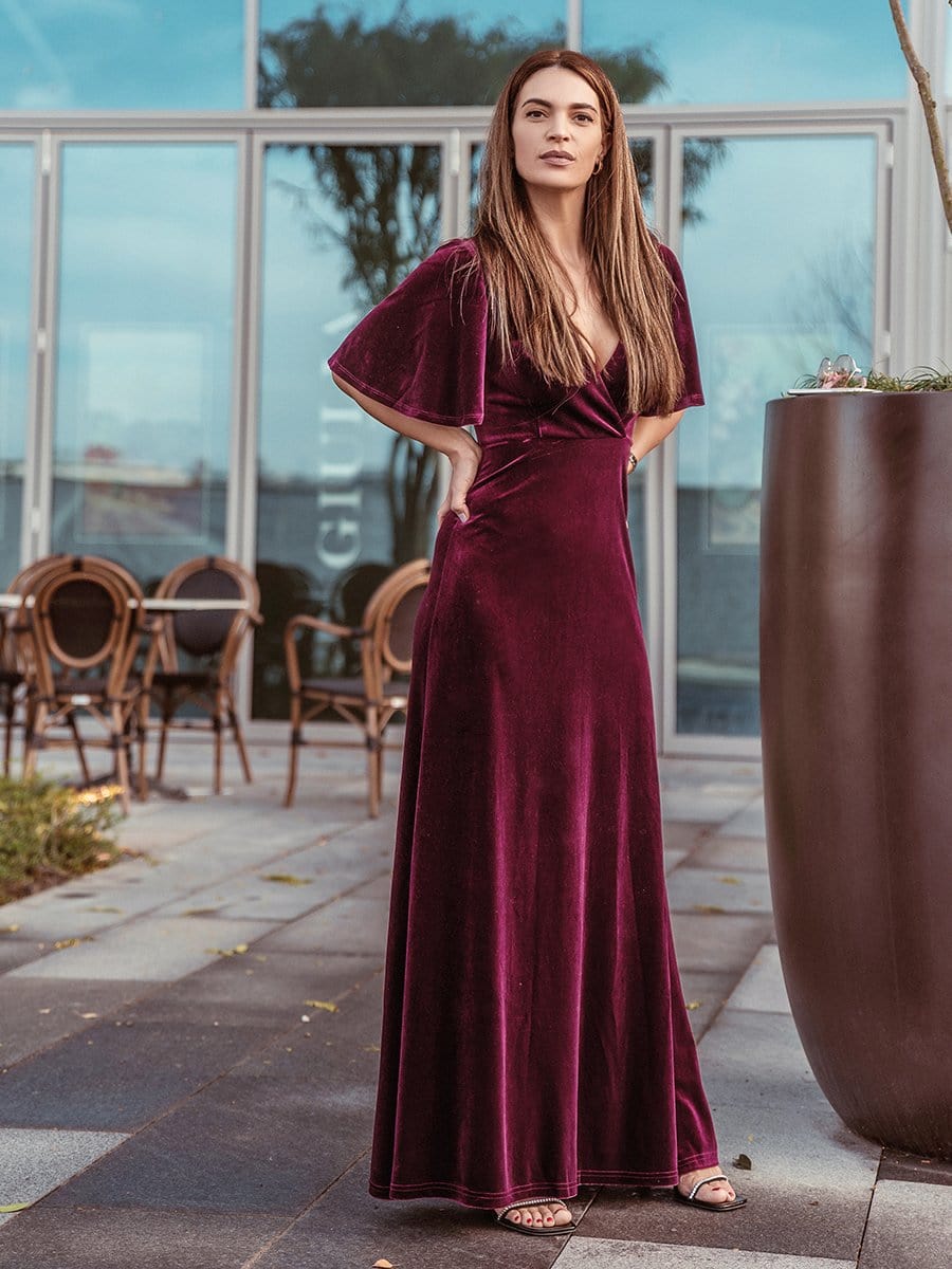 Color=Burgundy | Elegant Double V Neck Velvet Party Dress-Burgundy 1 Color=Burgundy | Elegant Double V Neck Velvet Party Dress-Burgundy 1