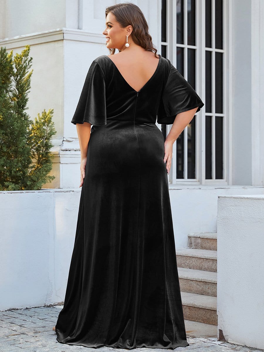 Vintage Plus Size Floor Length Velvet Evening Dress #color_Black Vintage Plus Size Floor Length Velvet Evening Dress #color_Black