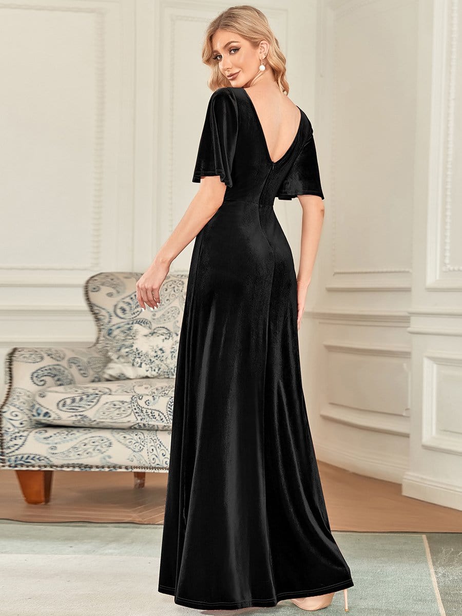 Vintage Plus Size Floor Length Velvet Evening Dress #color_Black Vintage Plus Size Floor Length Velvet Evening Dress #color_Black