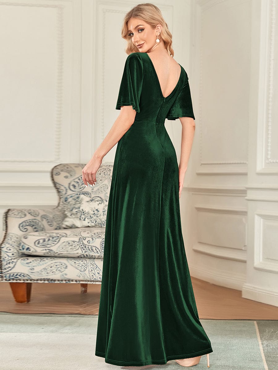 Color=Dark Green | Elegant Double V Neck Velvet Party Dress-Dark Green 2 Color=Dark Green | Elegant Double V Neck Velvet Party Dress-Dark Green 2