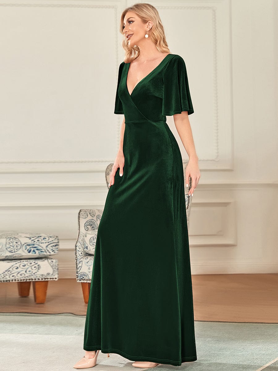 Color=Dark Green | Elegant Double V Neck Velvet Party Dress-Dark Green 3 Color=Dark Green | Elegant Double V Neck Velvet Party Dress-Dark Green 3