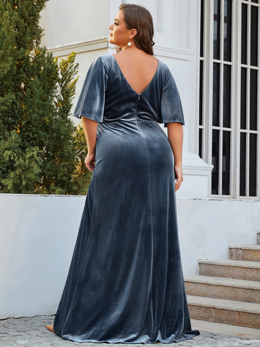 Vintage Plus Size Floor Length Velvet Evening Dress #color_Dusty Navy Vintage Plus Size Floor Length Velvet Evening Dress #color_Dusty Navy