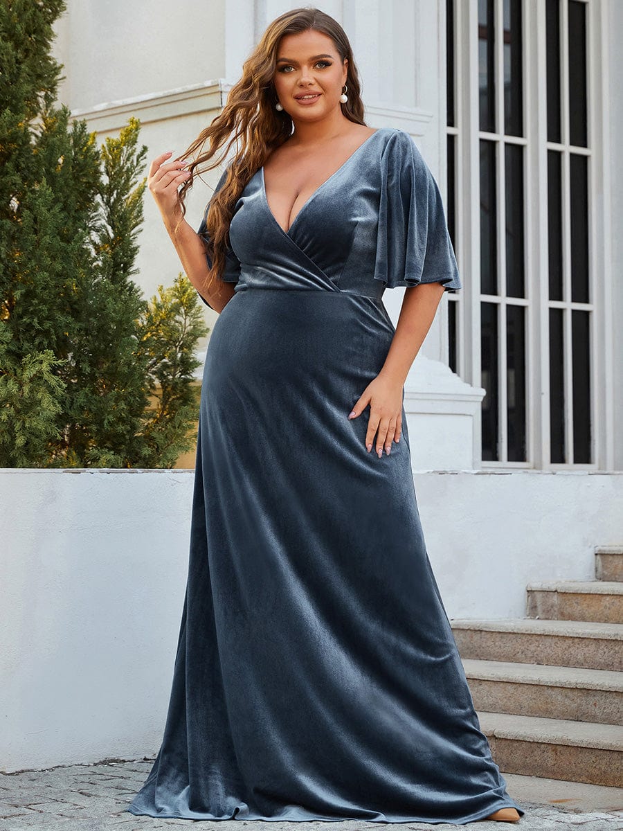 Vintage Plus Size Floor Length Velvet Evening Dress #color_Dusty Navy Vintage Plus Size Floor Length Velvet Evening Dress #color_Dusty Navy