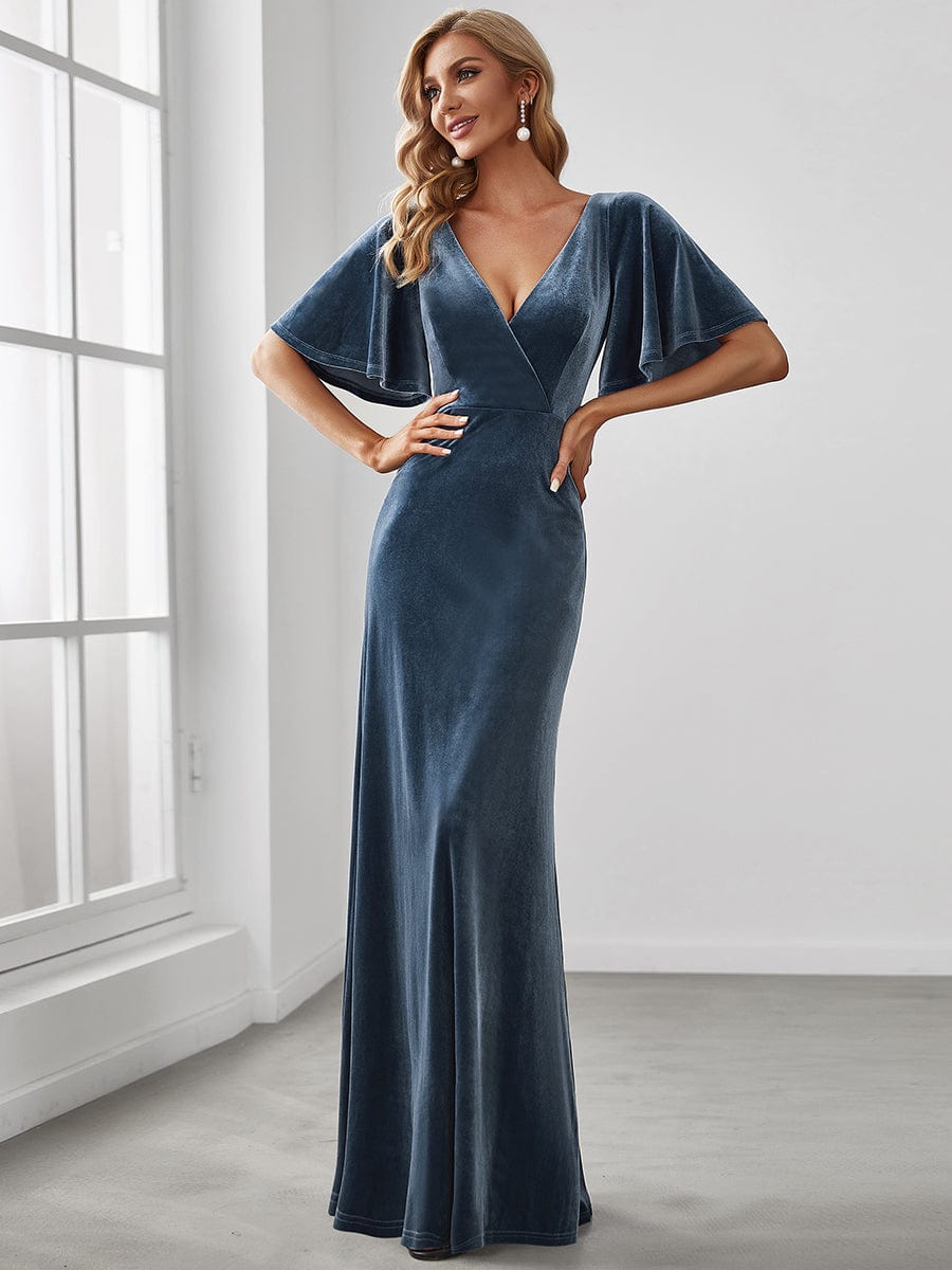 Vintage Plus Size Floor Length Velvet Evening Dress #color_Dusty Navy Vintage Plus Size Floor Length Velvet Evening Dress #color_Dusty Navy