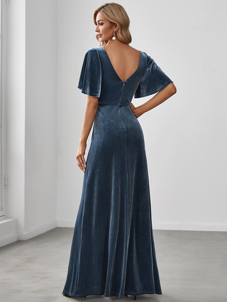 Vintage Plus Size Floor Length Velvet Evening Dress #color_Dusty Navy Vintage Plus Size Floor Length Velvet Evening Dress #color_Dusty Navy