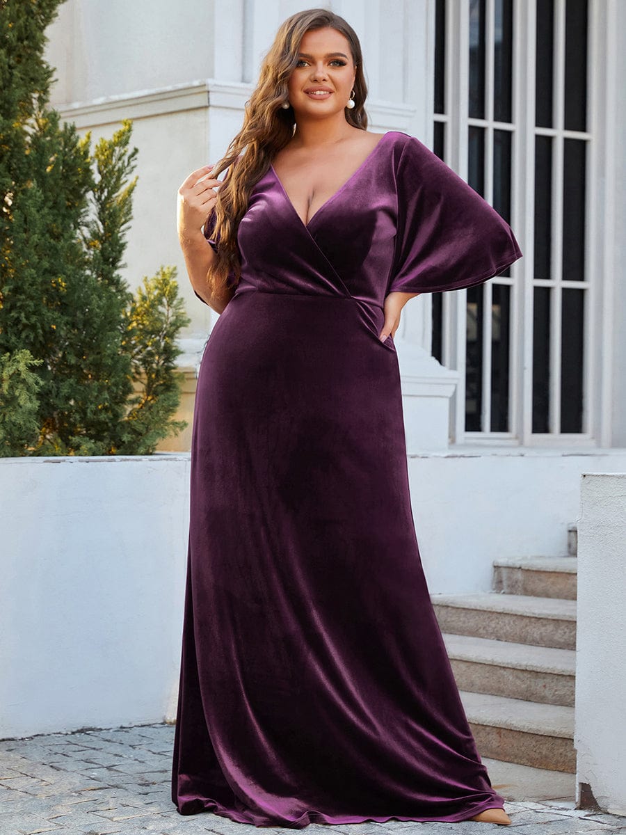 Vintage Plus Size Floor Length Velvet Evening Dress #color_Dark Purple Vintage Plus Size Floor Length Velvet Evening Dress #color_Dark Purple